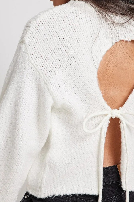 Crew-Neck Long-Sleeve Backless Tie-Knit Short Sweater - Image 7