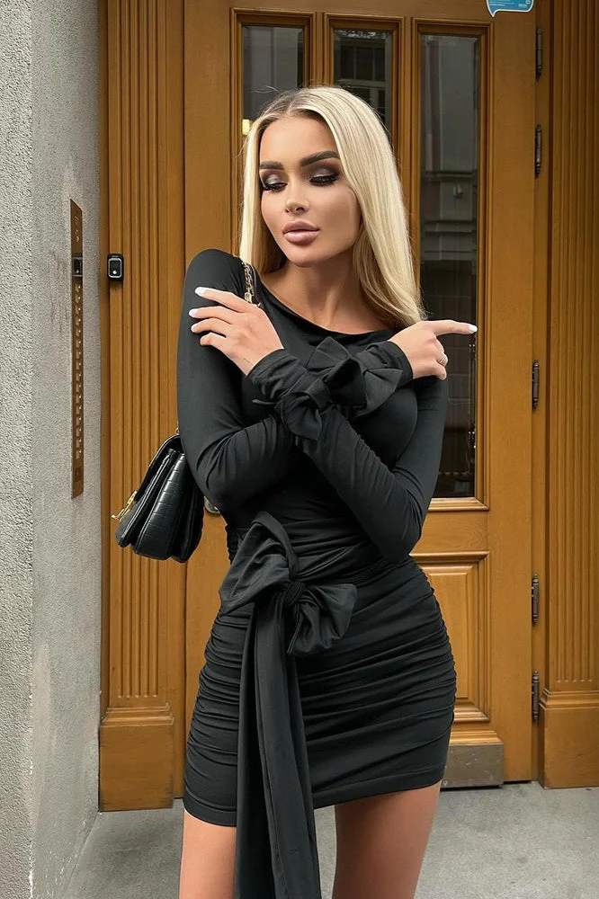Crew Neck Long Sleeve Bow Tie Ruched Mini Dress - Image 12
