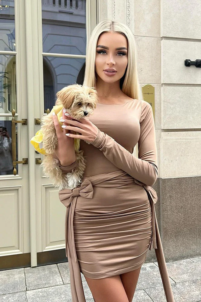Crew Neck Long Sleeve Bow Tie Ruched Mini Dress - Image 14