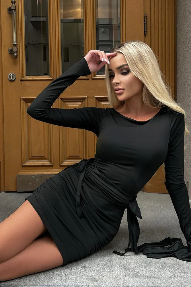 Crew Neck Long Sleeve Bow Tie Ruched Mini Dress - Image 9