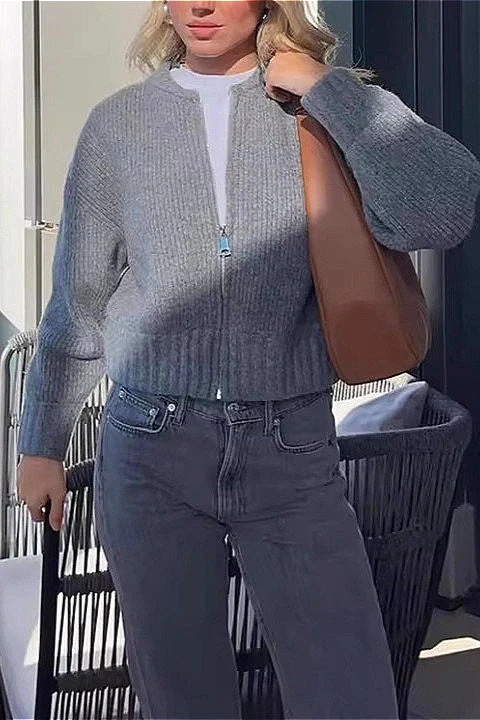 Crew-Neck Long-Sleeve Zip Solid Knit Cardigan - Image 3