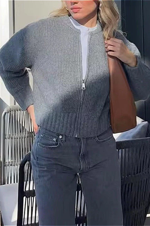 Crew-Neck Long-Sleeve Zip Solid Knit Cardigan - Image 4