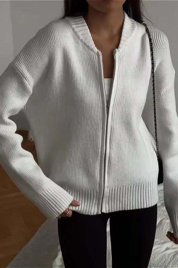 Crew-Neck Long-Sleeve Zip Solid Knit Cardigan - Image 5