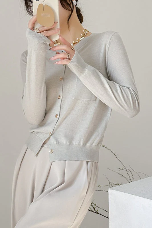 Crew-Neck Single-Row Pocket Knit Cardigan - Image 2