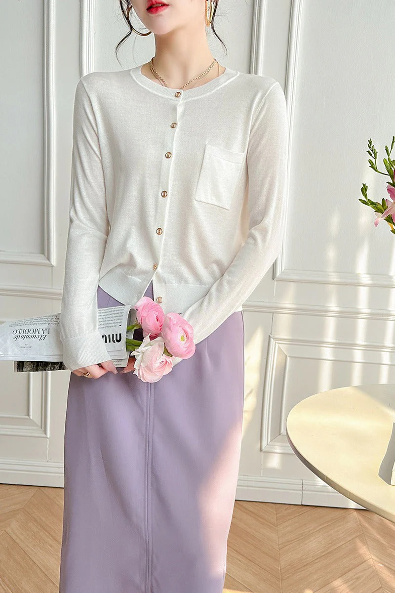 Crew-Neck Single-Row Pocket Knit Cardigan - Image 3