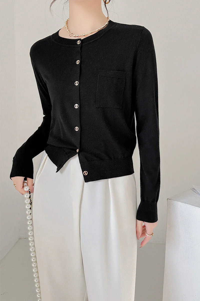 Crew-Neck Single-Row Pocket Knit Cardigan - Image 4