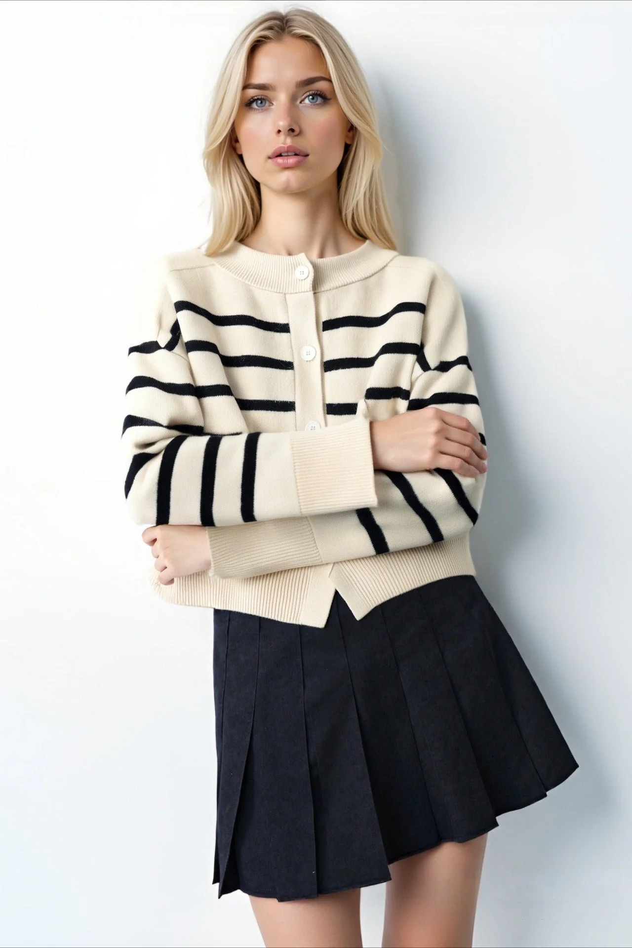 Crew Neck Striped Button Pocket Knit Cardigan - Image 2