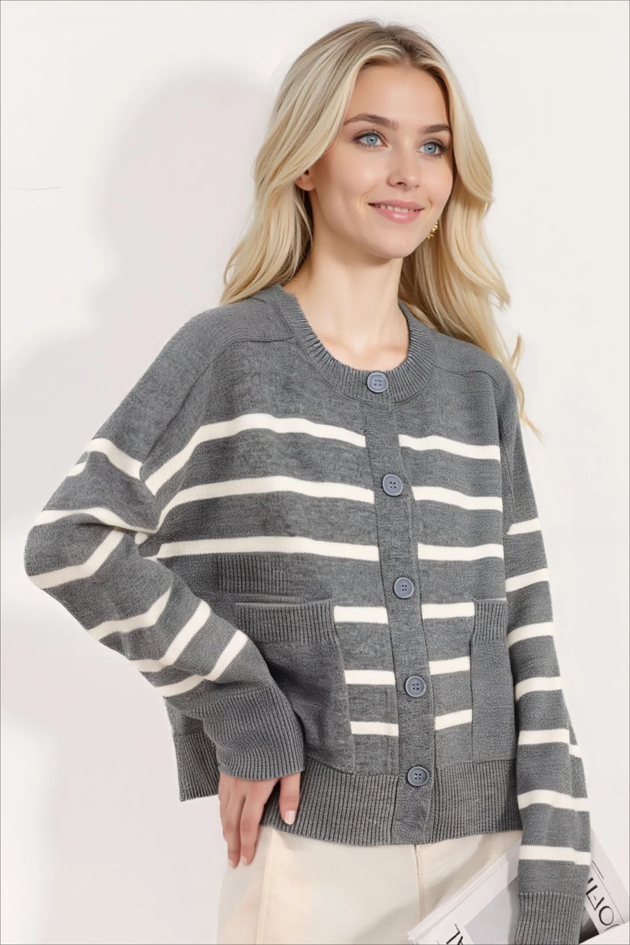 Crew Neck Striped Button Pocket Knit Cardigan - Image 3