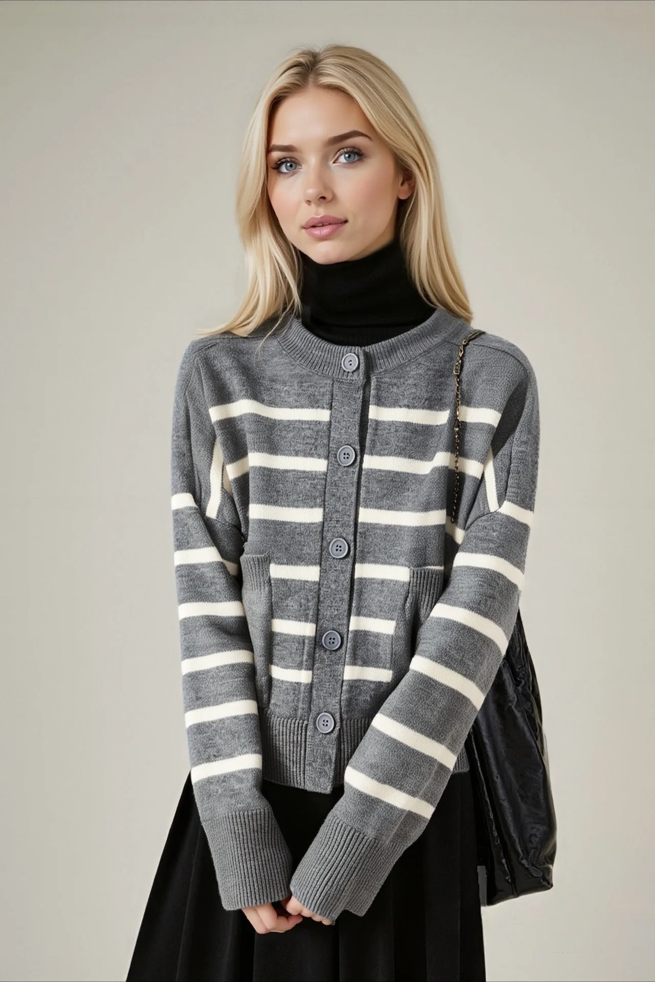 Crew Neck Striped Button Pocket Knit Cardigan - Image 4