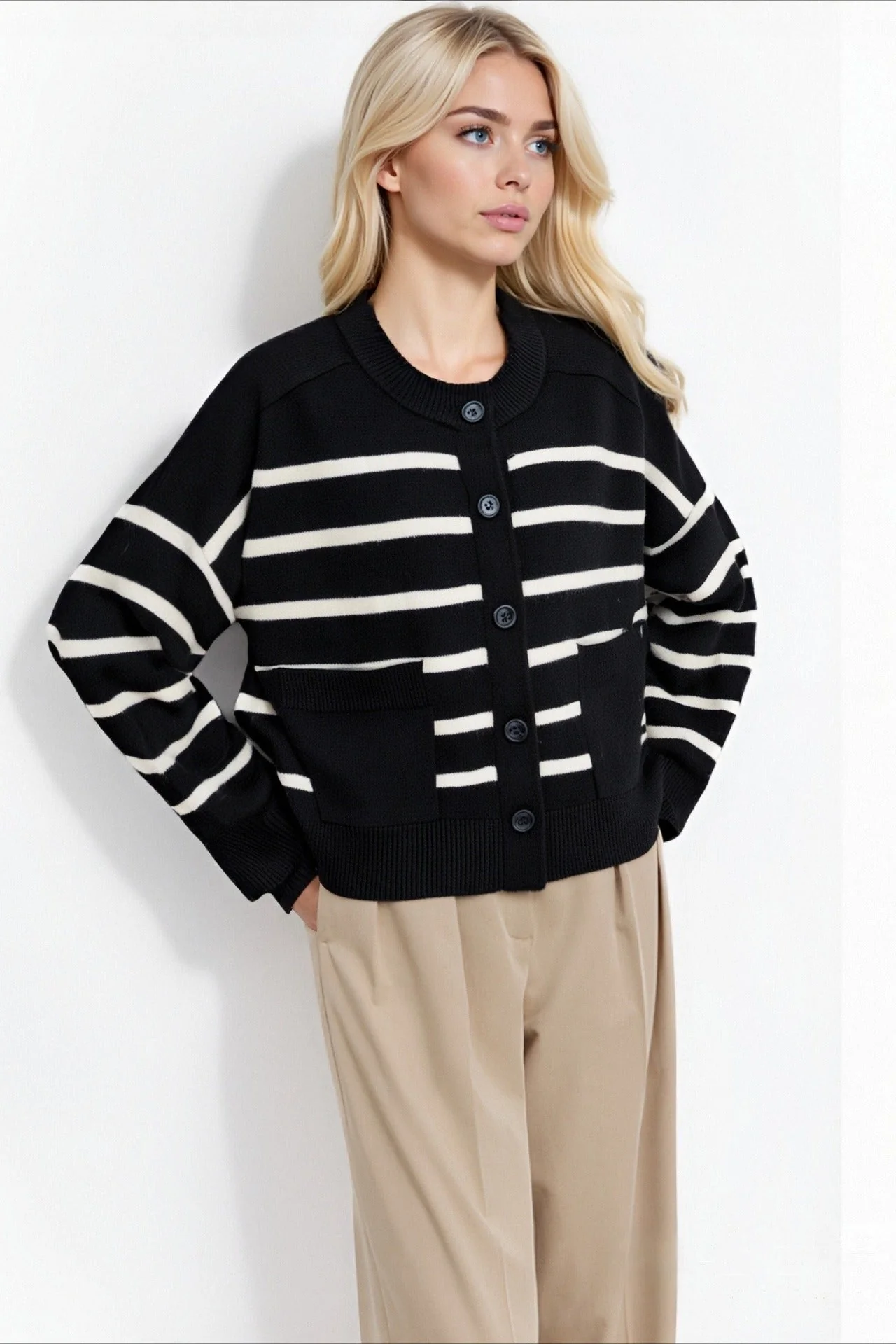 Crew Neck Striped Button Pocket Knit Cardigan - Image 5