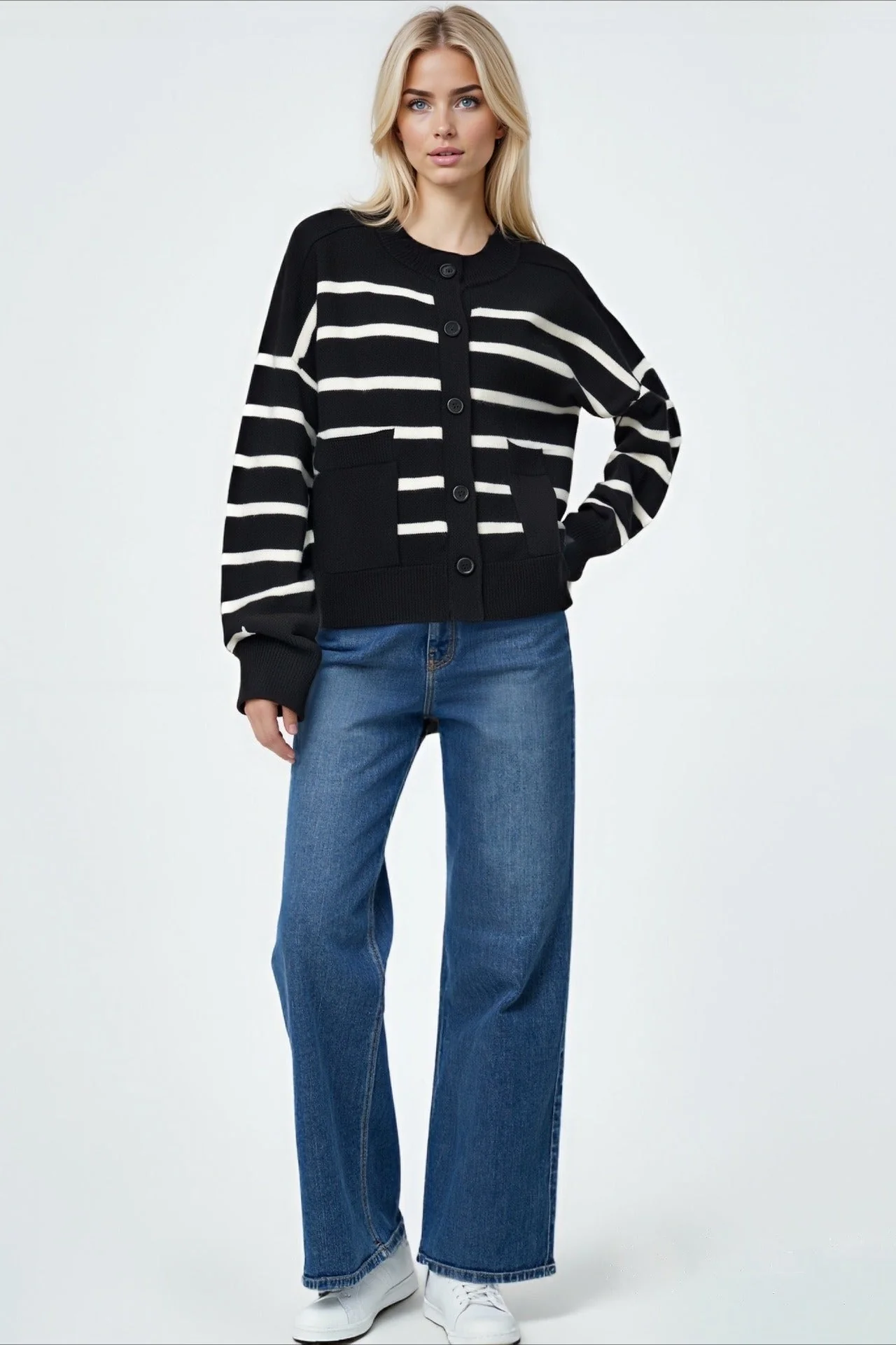Crew Neck Striped Button Pocket Knit Cardigan - Image 6