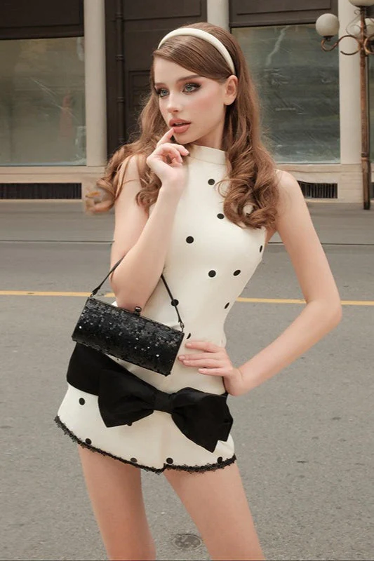 Crew Neck Waist Cinched Color Block Polka Dot Bow Mini Dress - Image 3