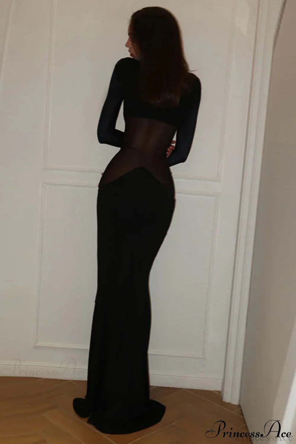 Crewneck Pullover Mesh Panel Bodycon Maxi Dress - Image 6
