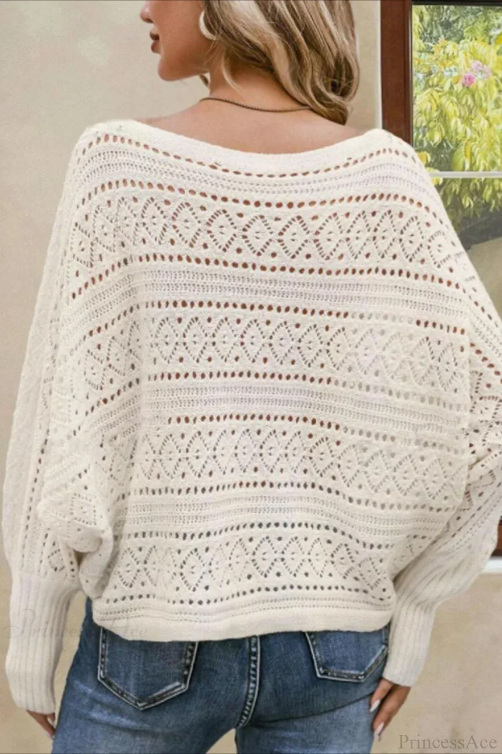 Crochet Openwork Batwing Off-the-Shoulder Pullover Blouse - Image 3
