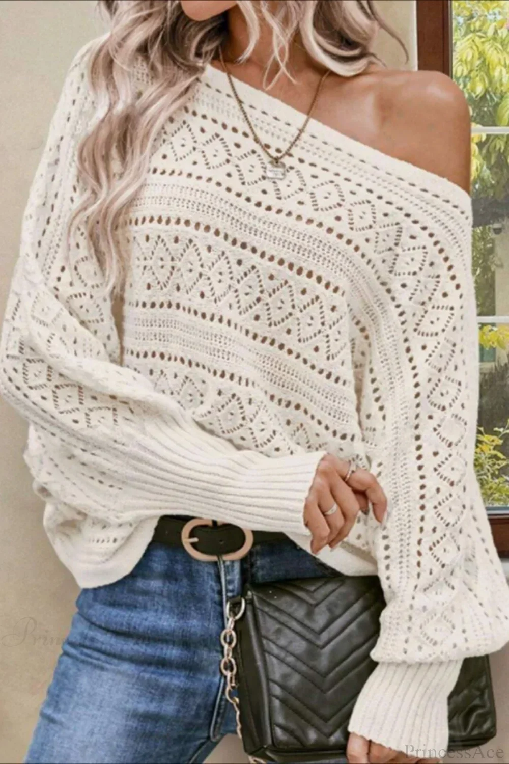 Crochet Openwork Batwing Off-the-Shoulder Pullover Blouse - Image 4