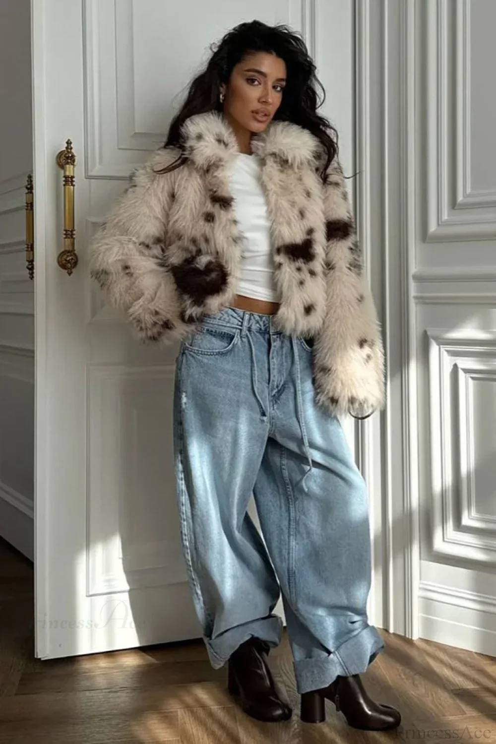 Cropped Cow Print Fuzzy Loose Warm Coat - Image 2