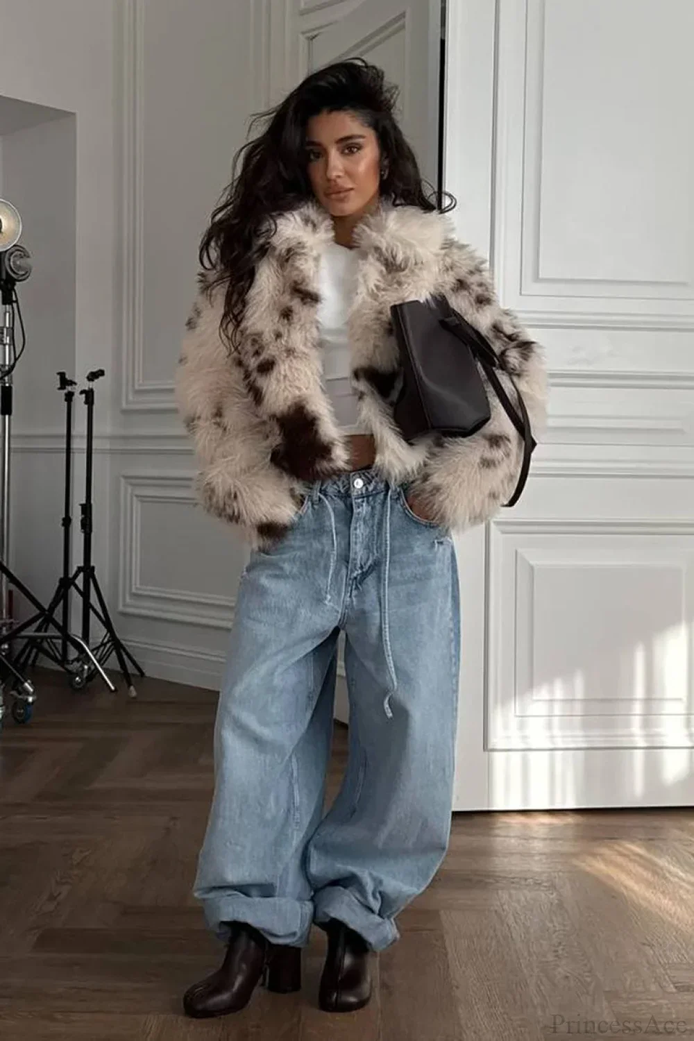 Cropped Cow Print Fuzzy Loose Warm Coat - Image 3