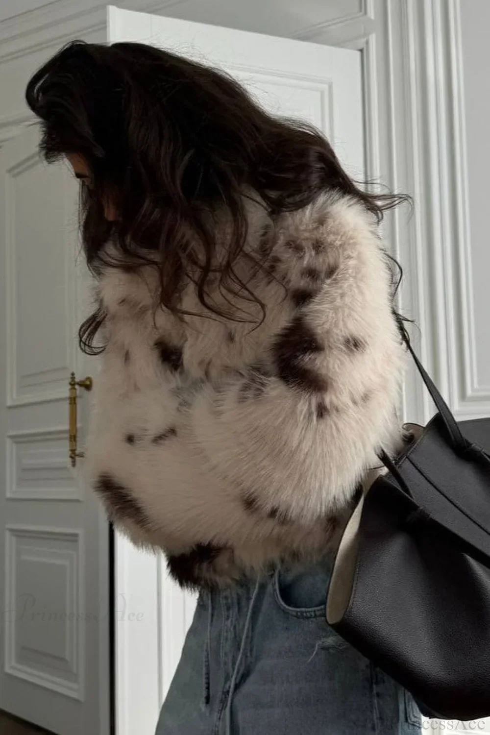 Cropped Cow Print Fuzzy Loose Warm Coat - Image 5