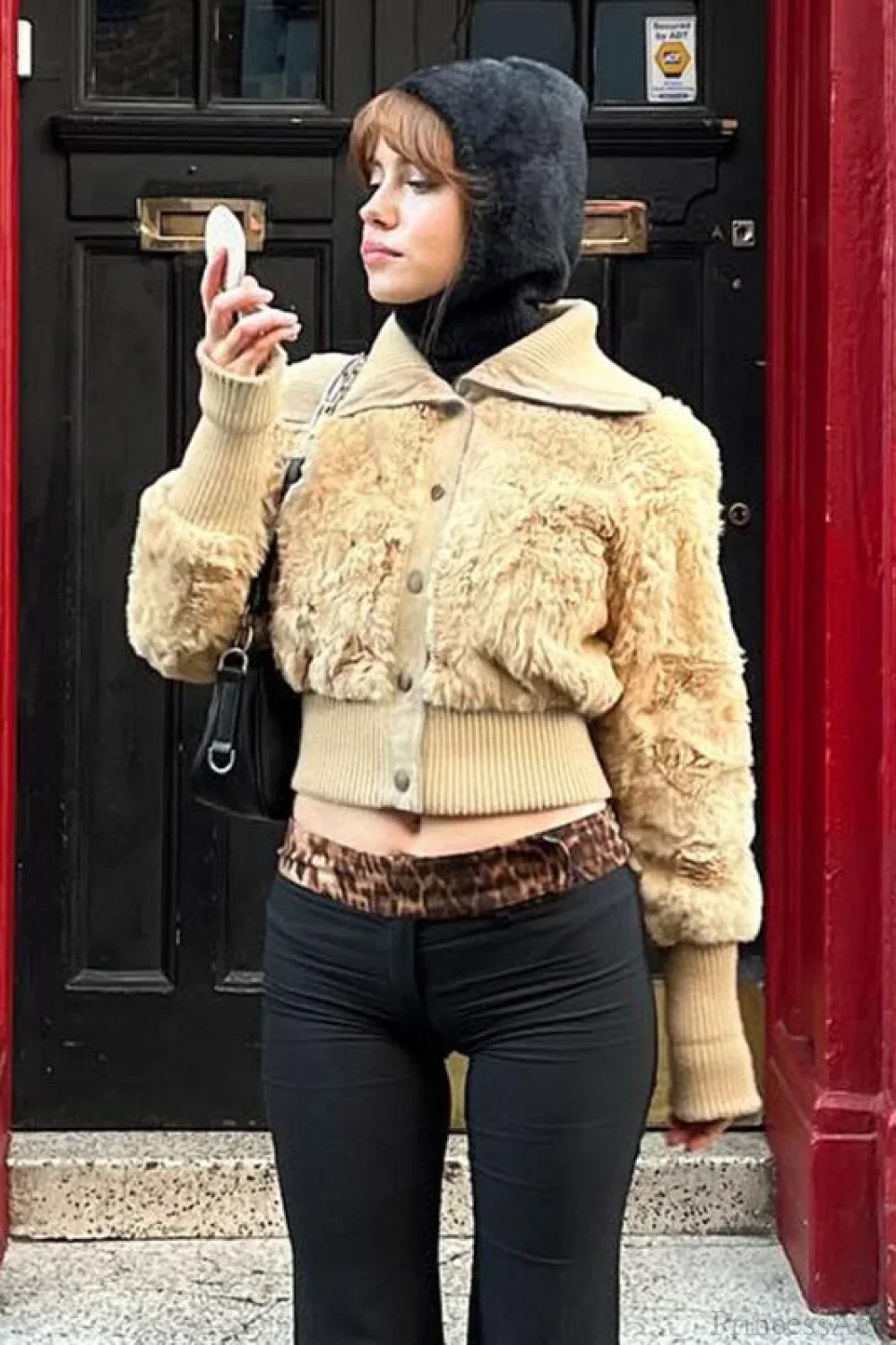Vintage Cropped Fuzzy Wide Lapel Single Breasted Waist-Cinched Coat - Image 2