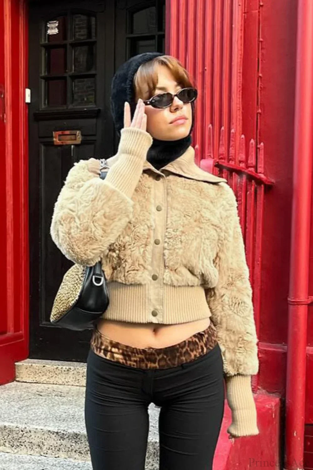 Vintage Cropped Fuzzy Wide Lapel Single Breasted Waist-Cinched Coat - Image 3