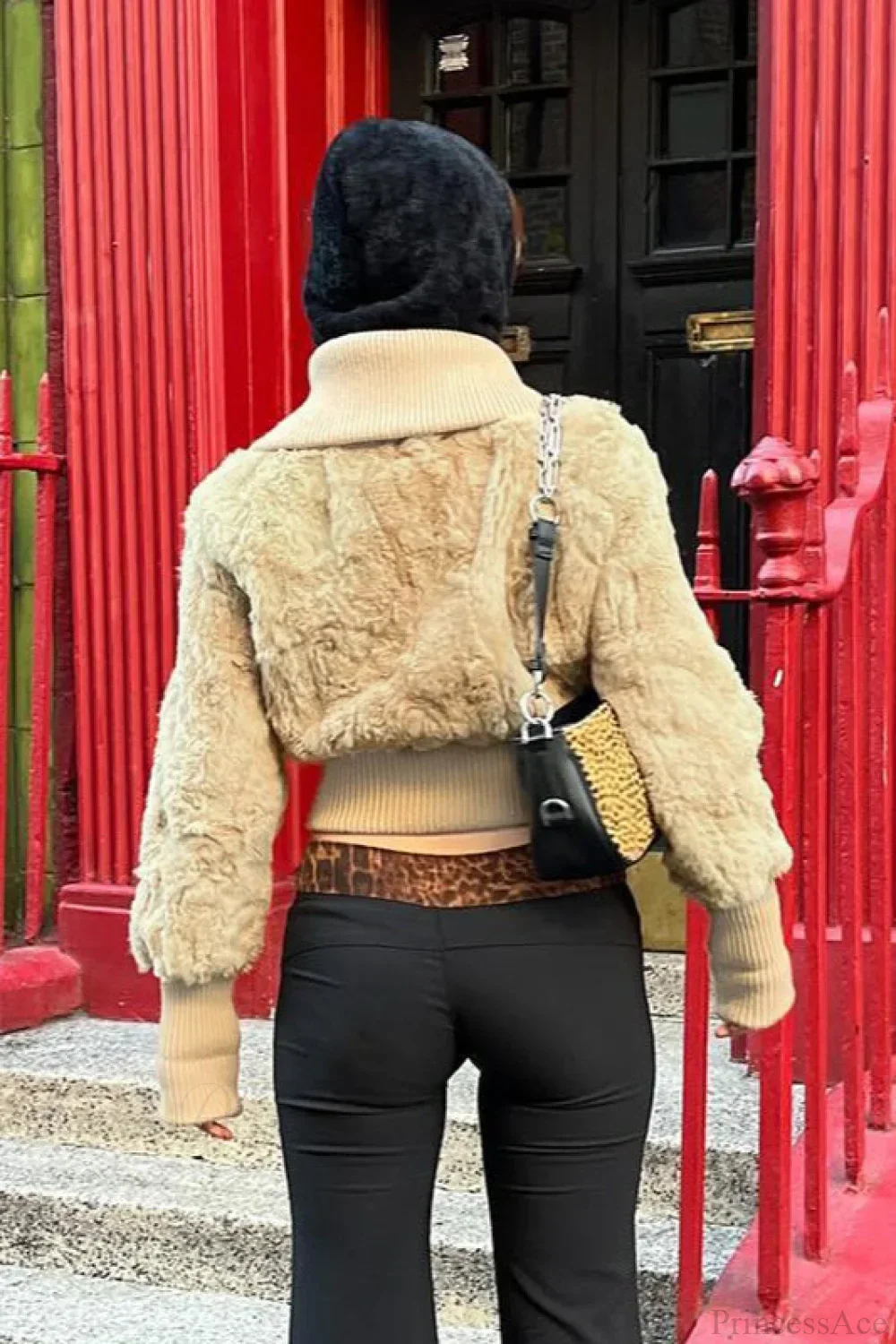 Vintage Cropped Fuzzy Wide Lapel Single Breasted Waist-Cinched Coat - Image 4
