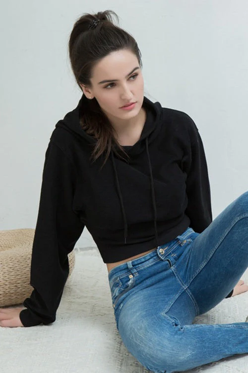 Cropped Hooded Waist Cinched Crop Top Slouchy Loose Hoodie - Image 11