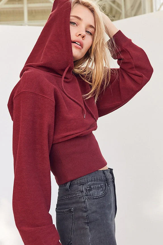 Cropped Hooded Waist Cinched Crop Top Slouchy Loose Hoodie - Image 4