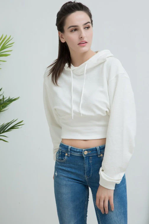 Cropped Hooded Waist Cinched Crop Top Slouchy Loose Hoodie - Image 6