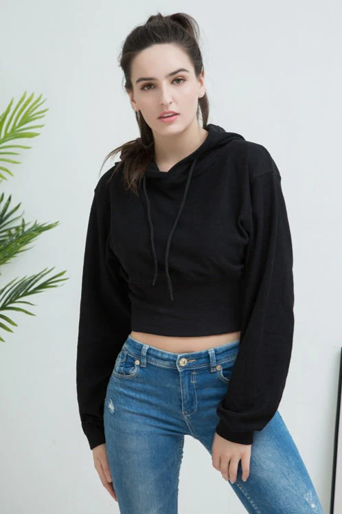 Cropped Hooded Waist Cinched Crop Top Slouchy Loose Hoodie - Image 9