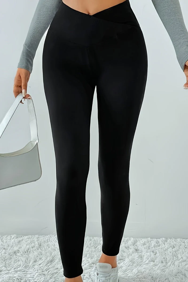 Cross Front Fleece Lined Booty Lifting Thermal Leggings - Image 3