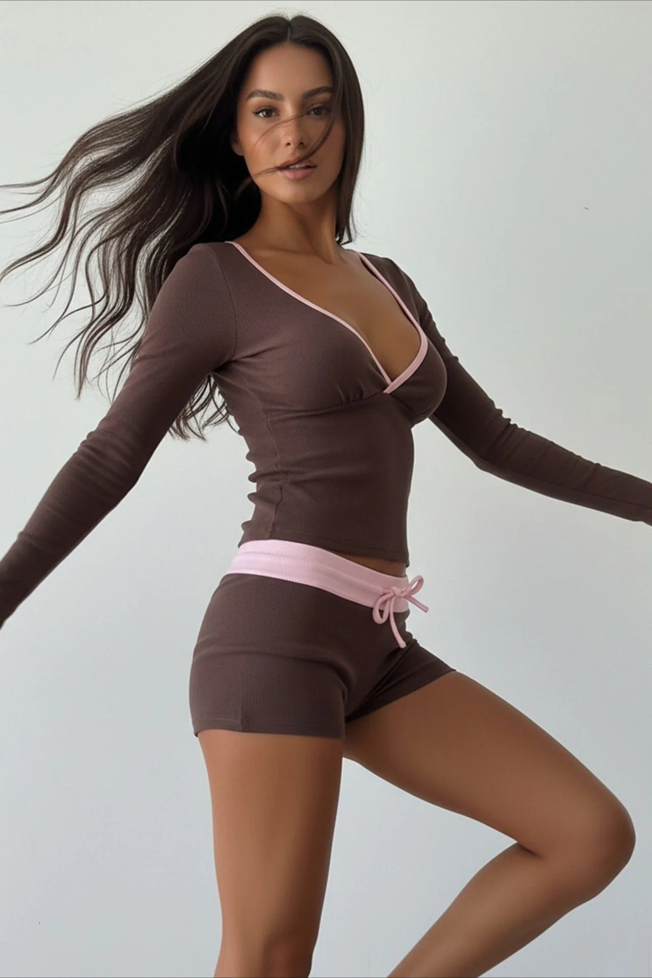 Cross V Neck Contrast Slim Long Sleeve Two Piece Set - Image 3