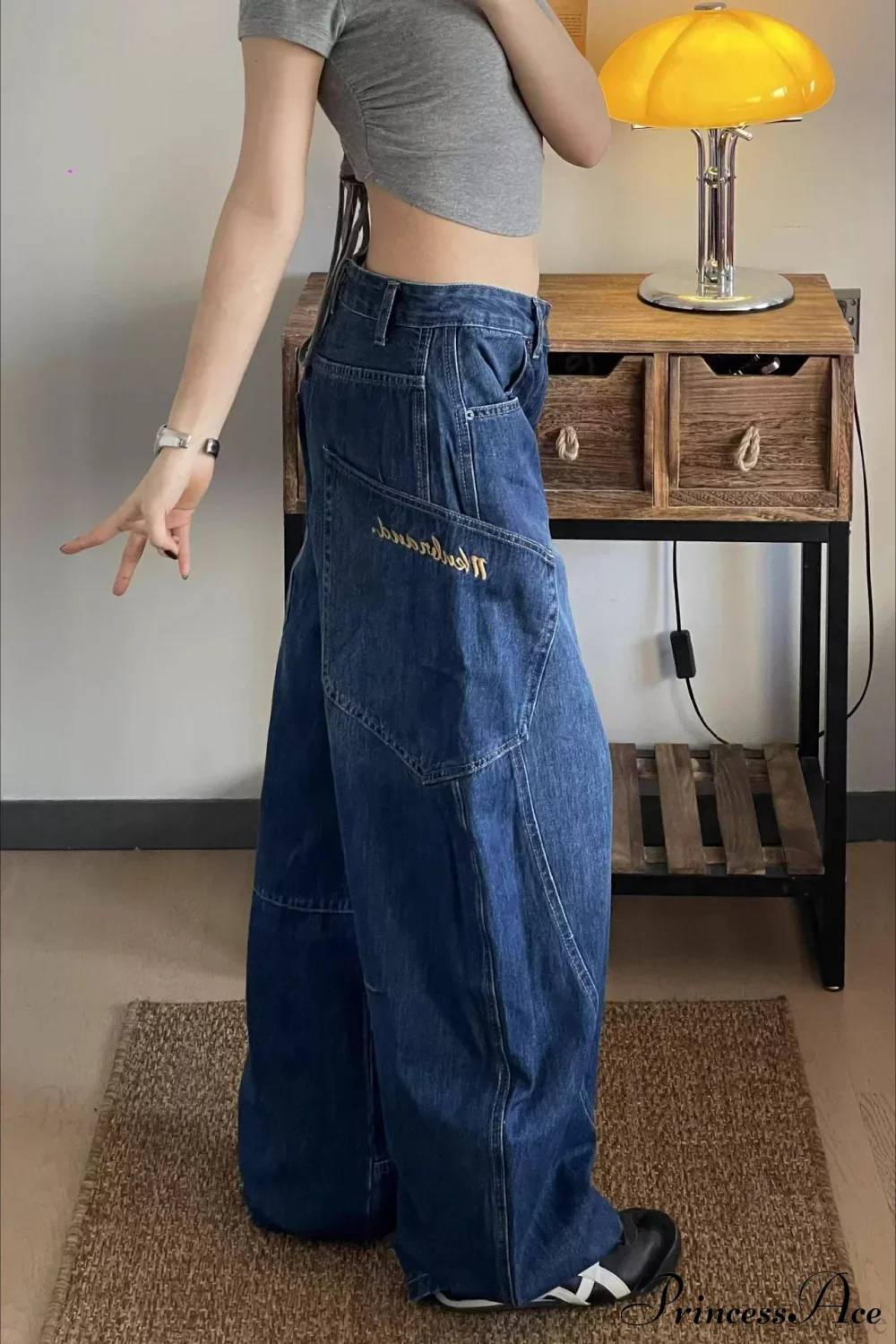 Curved Denim High Waist Loose Cargo Pants - Image 2