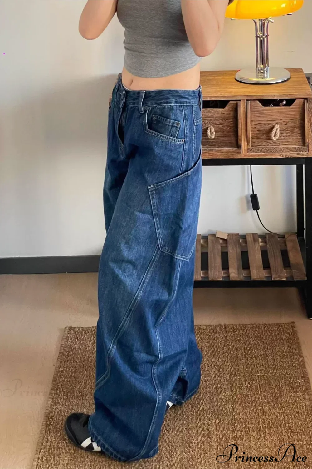 Curved Denim High Waist Loose Cargo Pants - Image 3