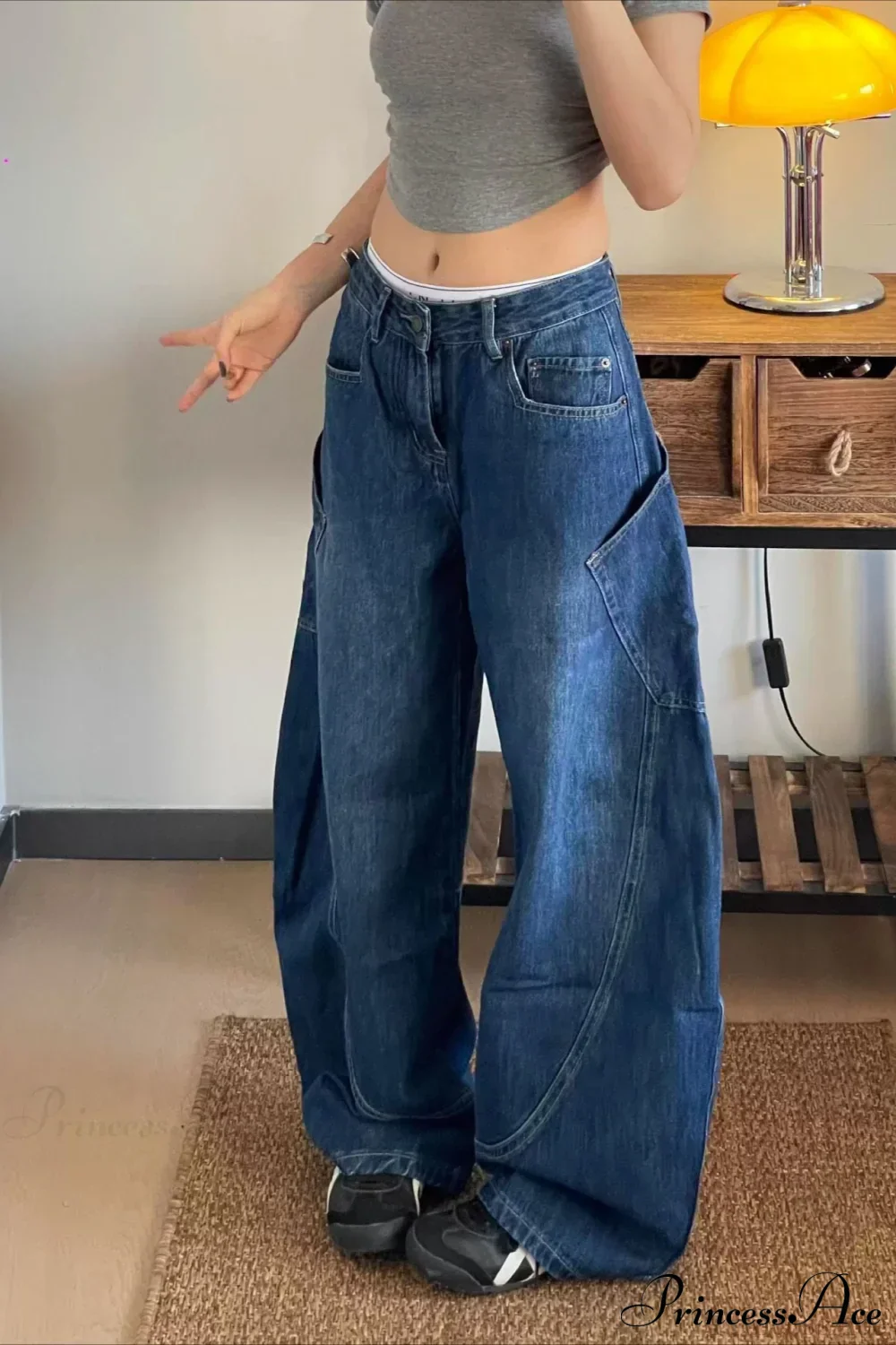 Curved Denim High Waist Loose Cargo Pants - Image 4