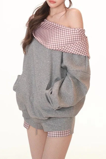 Cute Plaid PatchworkOff-the-shoulder Oversized Two Piece Set - Image 2