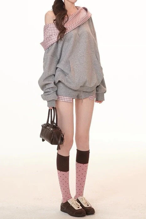 Cute Plaid PatchworkOff-the-shoulder Oversized Two Piece Set - Image 3