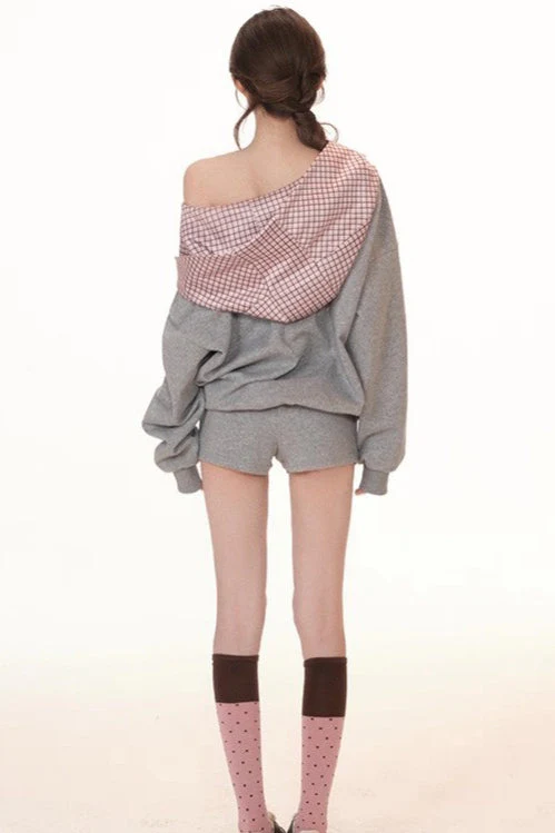 Cute Plaid PatchworkOff-the-shoulder Oversized Two Piece Set - Image 4
