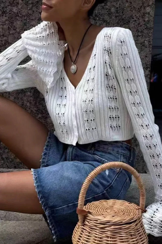 Cutout V-Neck Solid Short Long-Sleeve Knit Cardigan - Image 4
