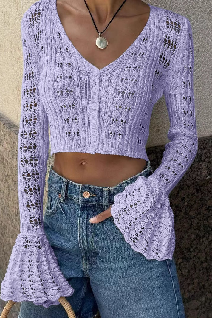 Cutout V-Neck Solid Short Long-Sleeve Knit Cardigan - Image 5