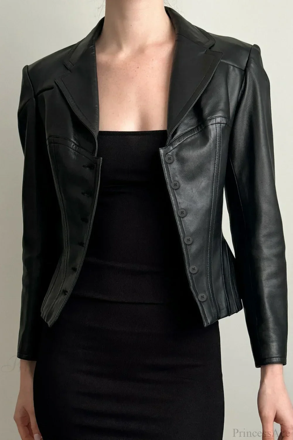 Dark Cropped Notch Collar Leather Slim-Fit Jacket - Image 2