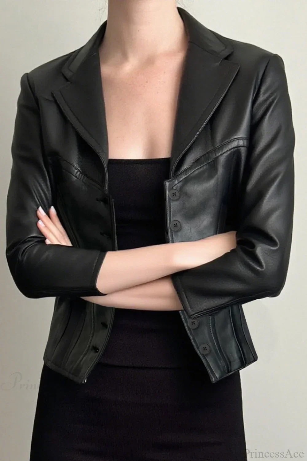 Dark Cropped Notch Collar Leather Slim-Fit Jacket - Image 4