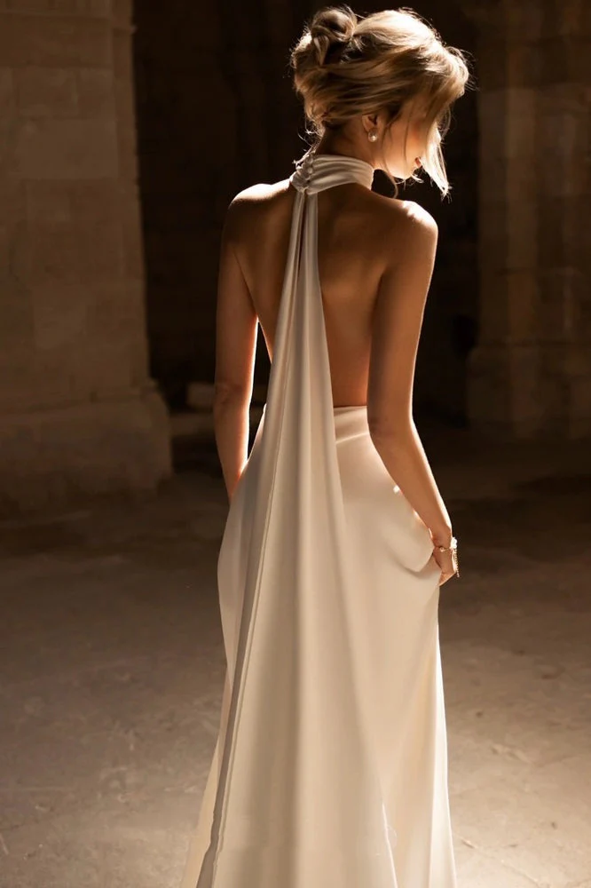 Deep V Halter Minimalist Train Reception Dress - Image 2