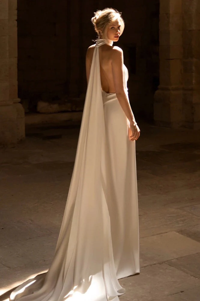 Deep V Halter Minimalist Train Reception Dress - Image 4