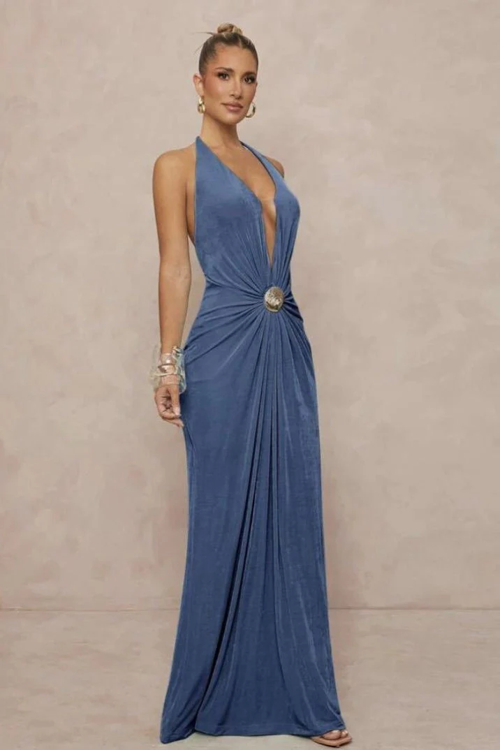 Deep V Halter Ruched Metal Trim Backless Maxi Dress - Image 11