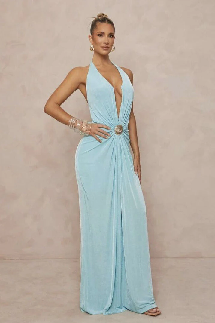 Deep V Halter Ruched Metal Trim Backless Maxi Dress - Image 2