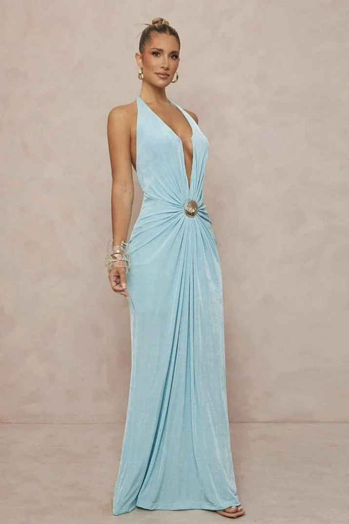 Deep V Halter Ruched Metal Trim Backless Maxi Dress - Image 3