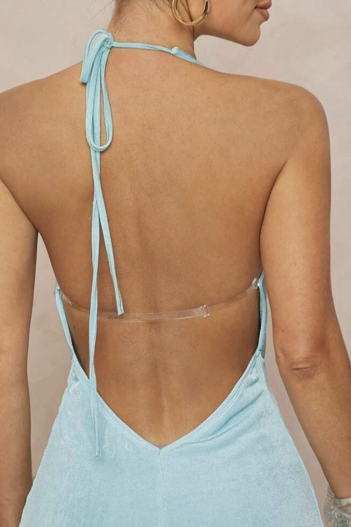 Deep V Halter Ruched Metal Trim Backless Maxi Dress - Image 4