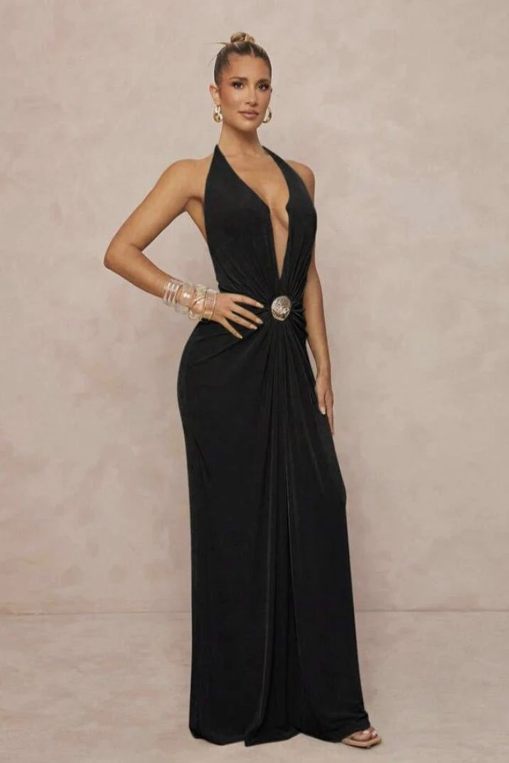 Deep V Halter Ruched Metal Trim Backless Maxi Dress - Image 8