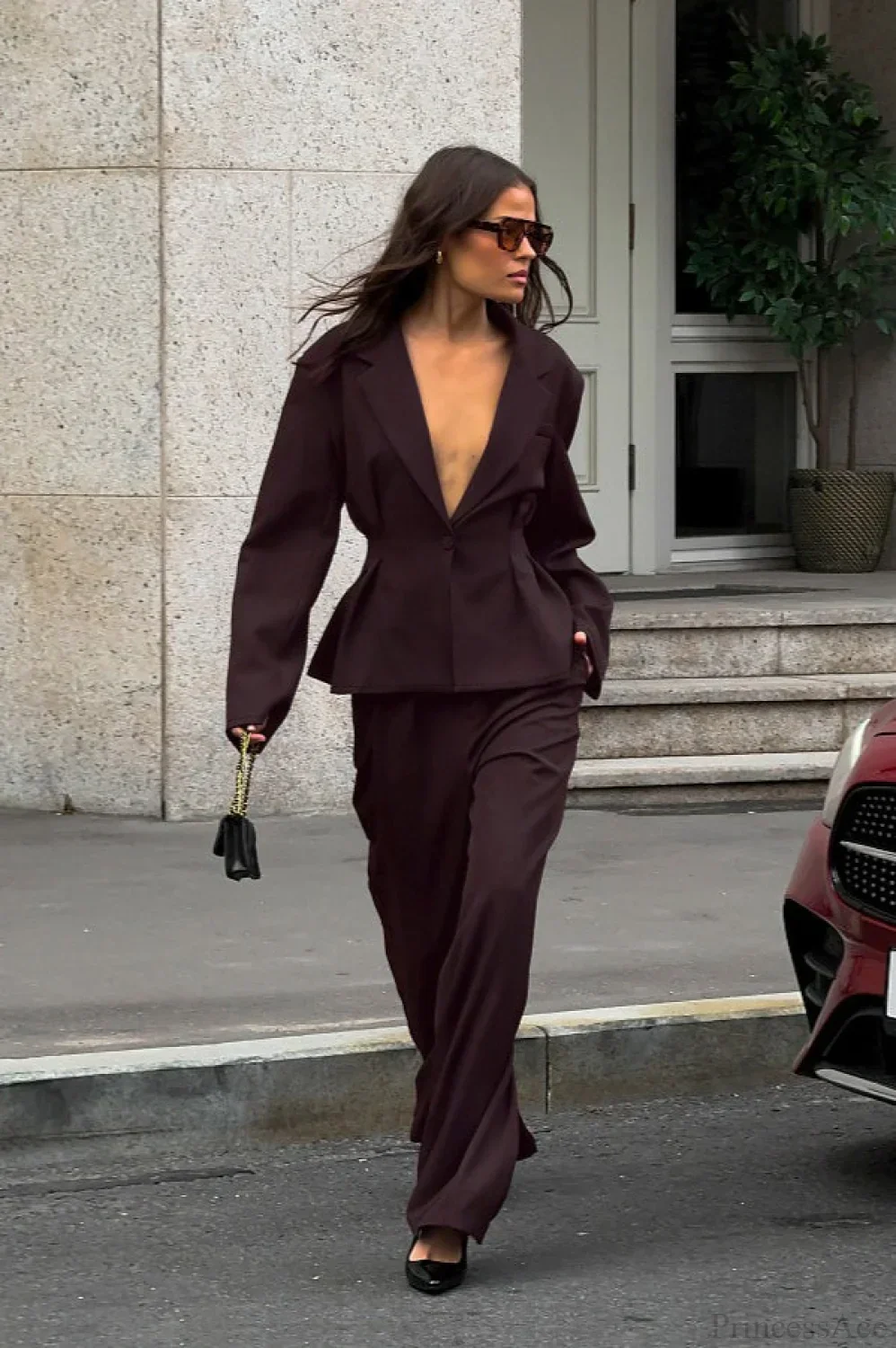 Vintage Deep V-Neck Fitted Waist Blazer Long Sleeve Two Piece Set - Image 2