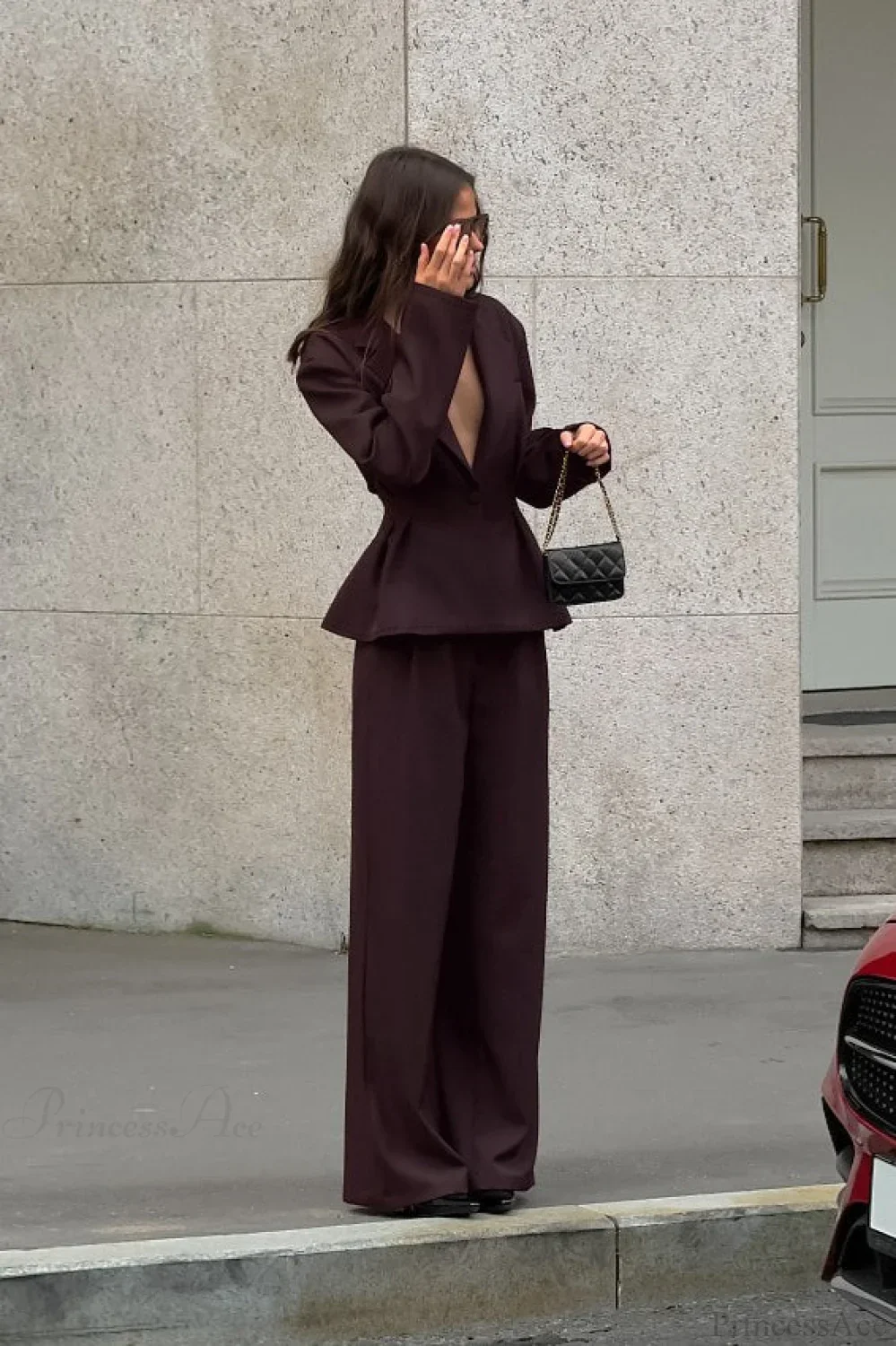 Vintage Deep V-Neck Fitted Waist Blazer Long Sleeve Two Piece Set - Image 3